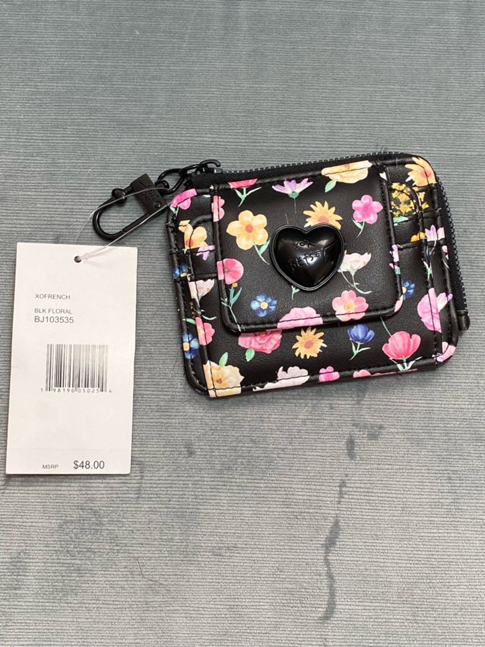 Betsey Johnson Black Floral Card Wallet with Heart Accent “XO FRENCH” with clip